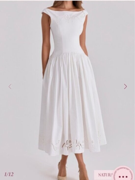 House of CB • Lauren Off-Shoulder White Midi Dress with Eyelet Hem - Picture 3 of 9